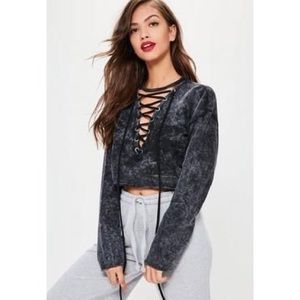 Missguided Lace Up Washed Cropped Sweatshirt